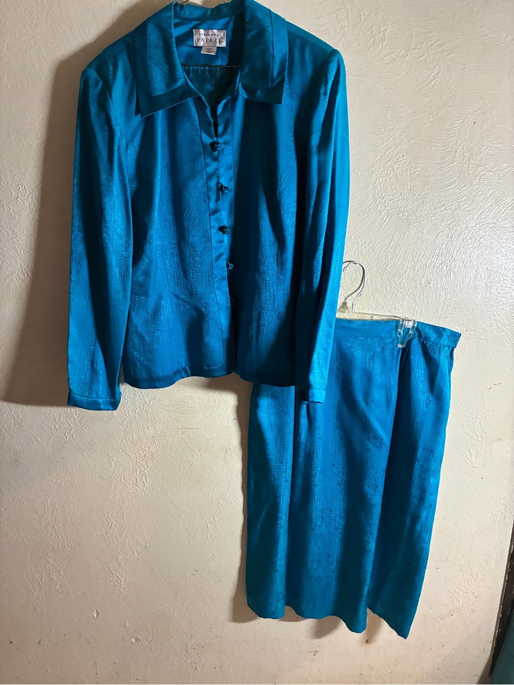 Silk Blend Teal Button-Up Jacket & Skirt Set